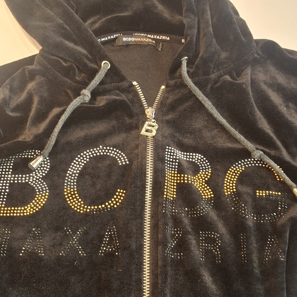 BCBG Women's Black Velour Sparkly Full Zip Track Jacket with Kangaroo Pocket XL - Picture 4 of 11
